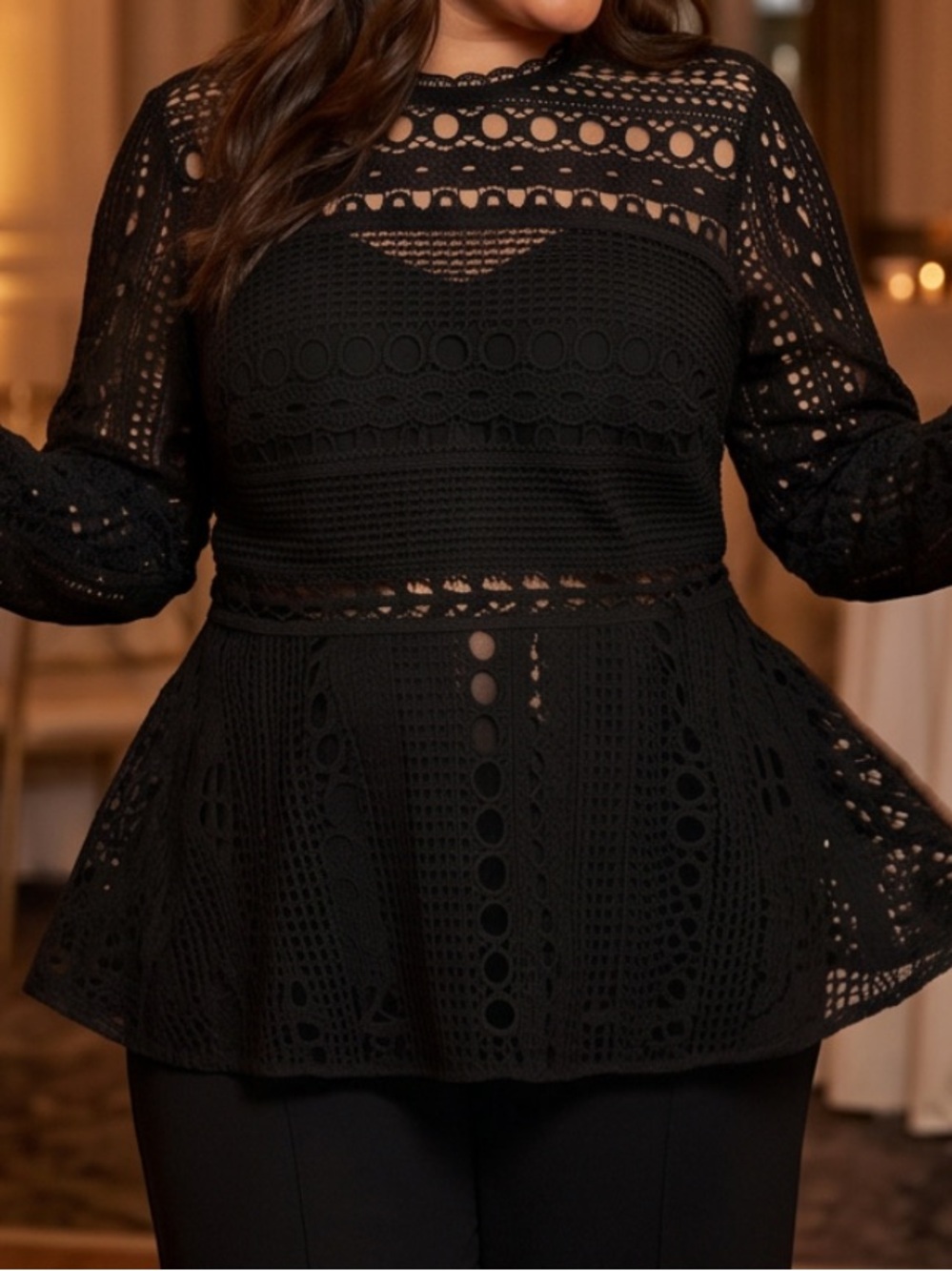 Boohoo Black Crochet Lace High Neck Long Sleeve Blouse